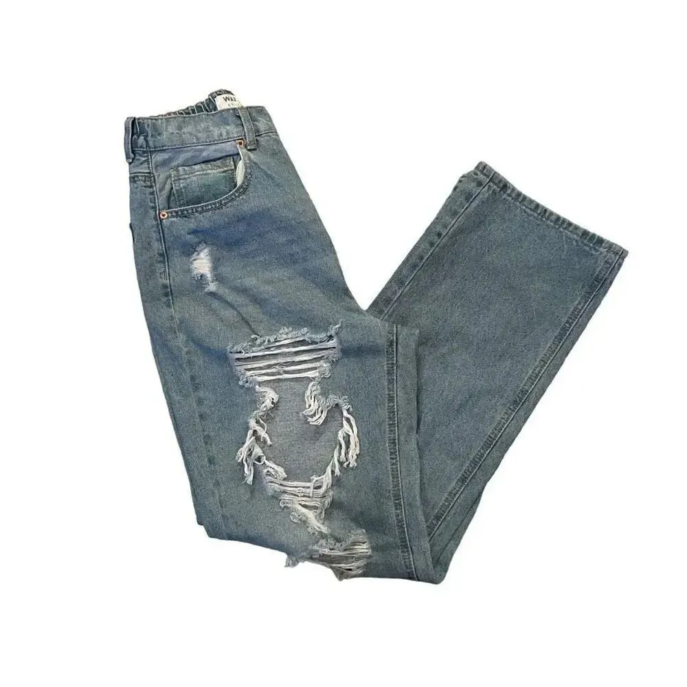 Wax Jean Y2K  Wide Leg  Distressed Shredded Light Blue High Waist  Jeans Sz M - Image 3