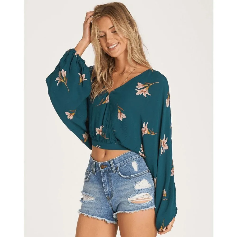 Billabong Teal Floral Safe Bet Flowy Crossover Semi Cropped Top, Large - Image 11