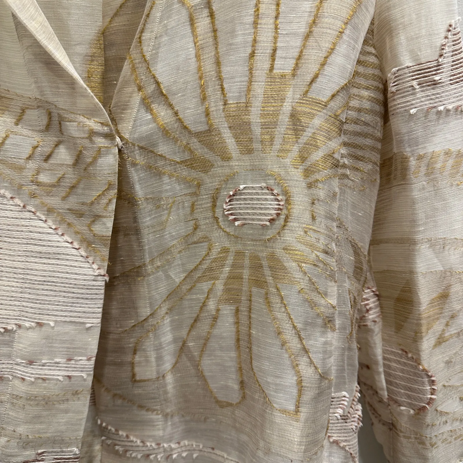 Akris Sheer Linen Silk Cotton Embroidered Abstract Boho Blouse Beige Gold Size 8 - Image 6