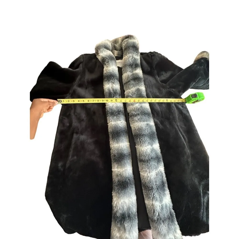 Scandinavian Faux Fur Coat Oversized Grey Striped Fox Mob wife Trim Sz 1X 90s Black - Image 14