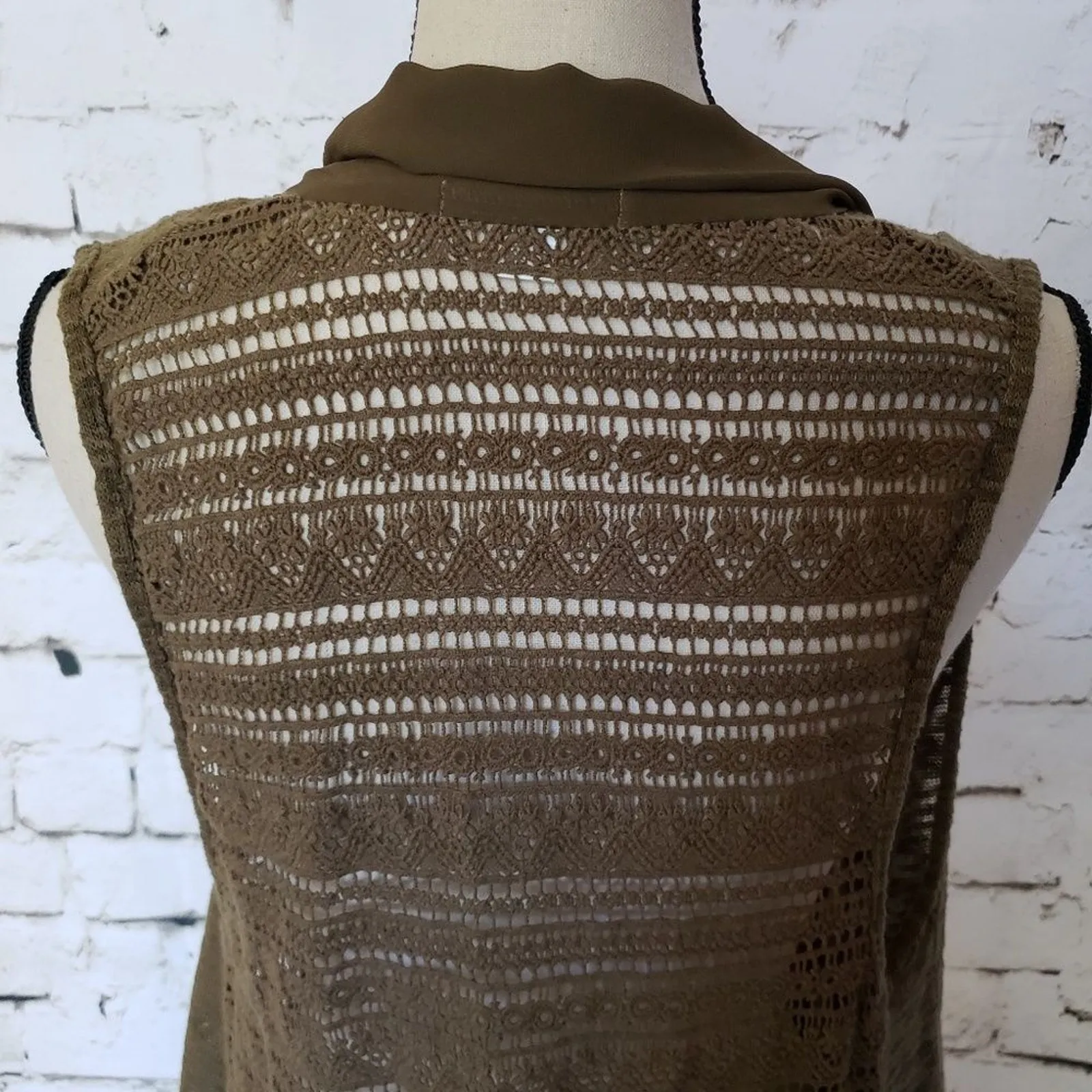 John Paul Richard Crochet Women Vest Sz S Y2K Boho Festival Knit Chiffon Olive Green - Image 4