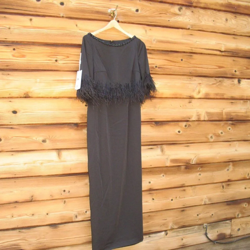 MAC DUGGAL 11787 Quarter Sleeve Crystal Neck Feather Detail Dress - Image 7