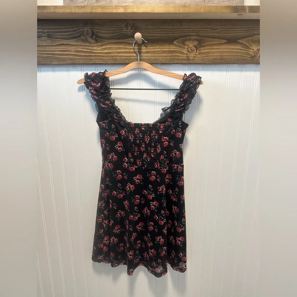 Miami Black and Red Floral Baby doll Mini Dress Y2K whimsygoth dark fairy sz s - Image 2