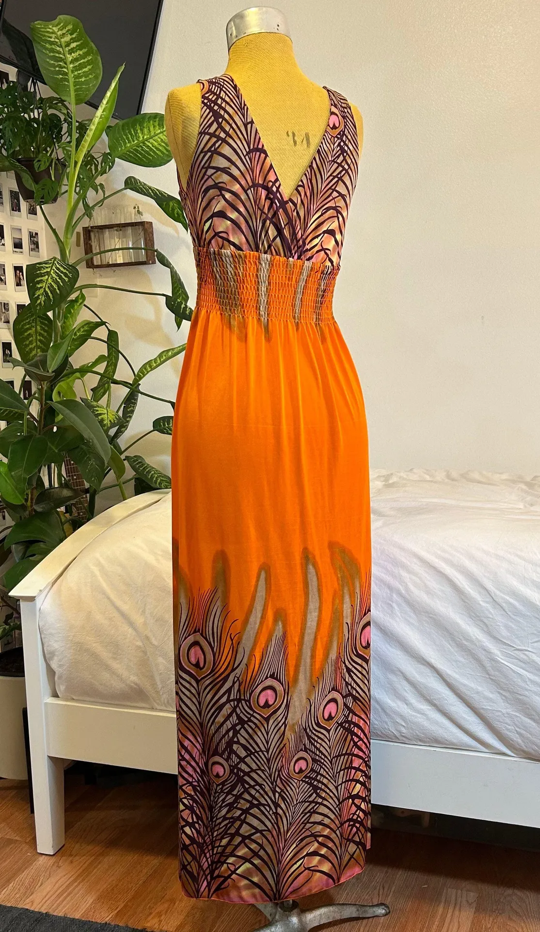 Maxi Sleeveless Orange Peacock Printed V Neck Sun Dress - Image 3