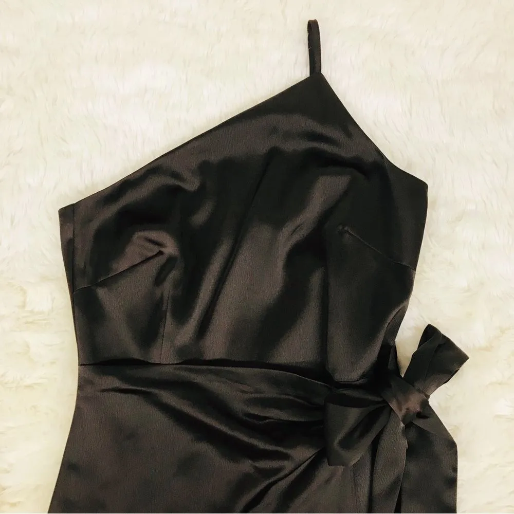 GIANNI BINI Brown Satin One Shoulder Mini Dress Cocktail Wrap Tie Waist Sz 0 New - Image 4
