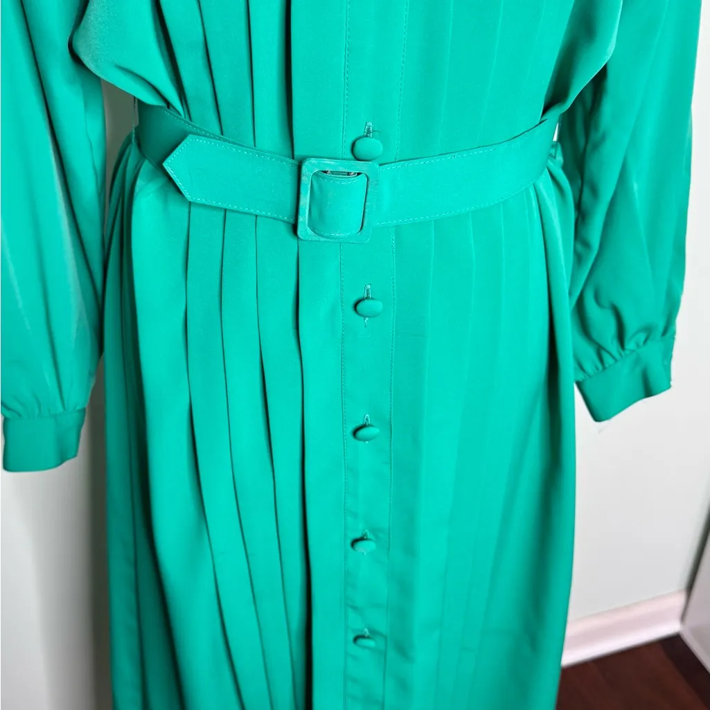 80’s Emerald Green Secretary 8 Dress Hana Sung Long Sleeved Belted Shirtdress - Image 8