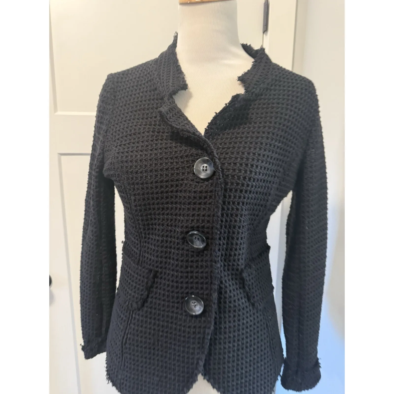 Lulululu Black Waffle Knit Frayed Trim Jacket Size Small - Image 2