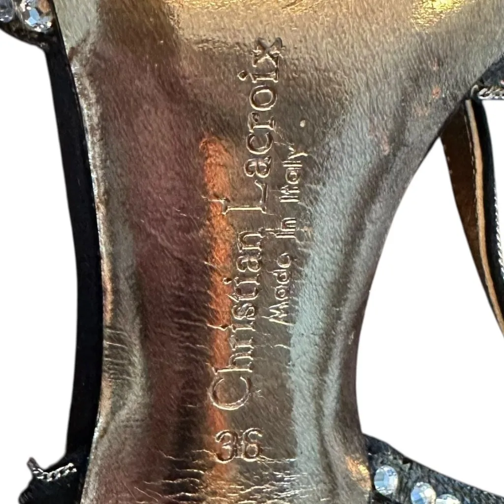 Christian Lacroix Black Silk Crystal Strappy Heels Size 36 Evening Sandals - Image 11