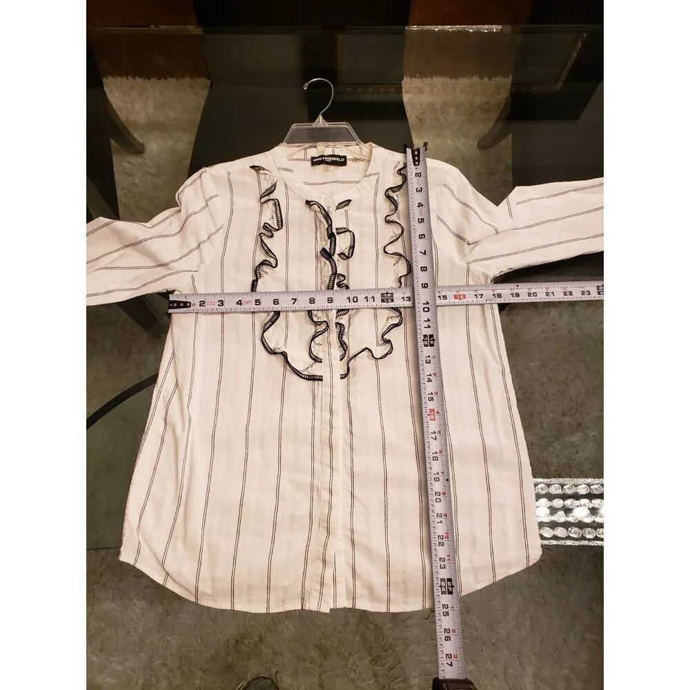 Karl Lagerfeld Women's White Striped Cotton Long Sleeve Button Down Shirt Small - Image 8