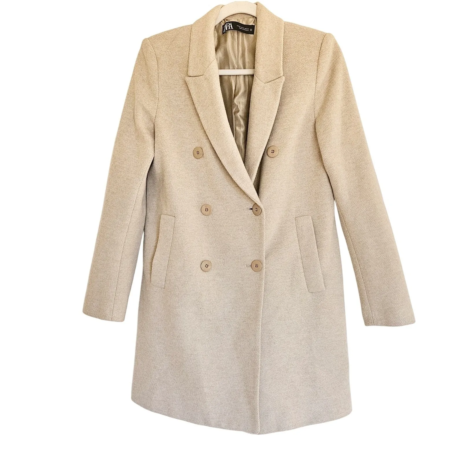 ZARA Women's XS Double Breasted Mid Length Coat‎ Oatmeal Peacoat - Image 2