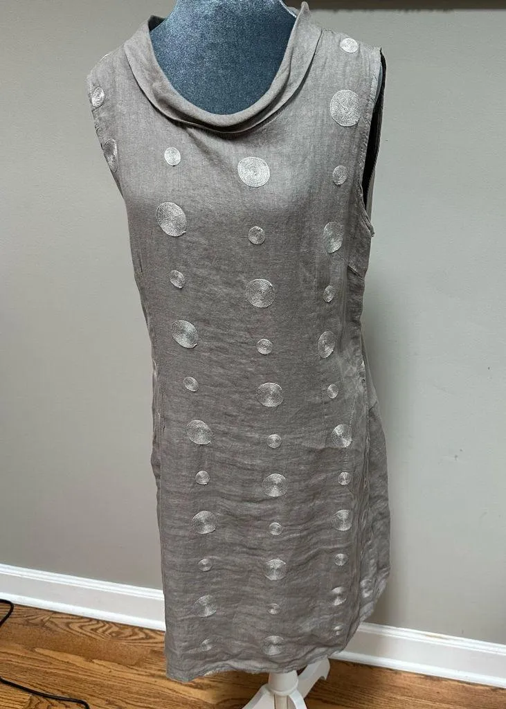 Lina Tomei Womens Italian Linen Cap Sleeve Shift Dress MED Gray Embroidered - Image 1