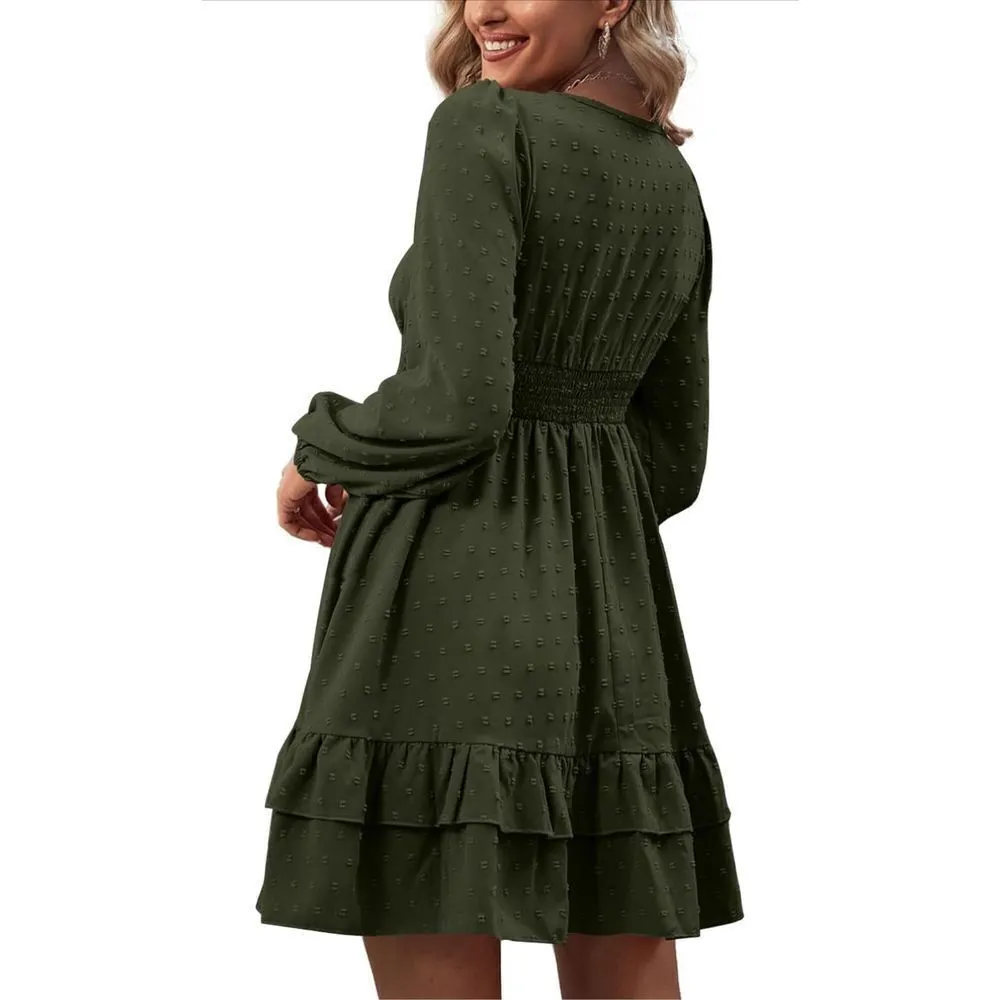 NEW V Neck Swing Ruffle Swiss Dots Long Sleeve Mini Dress XL Green - Image 2