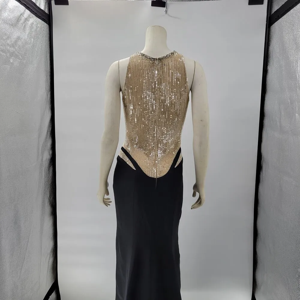 VTG Stephen Yearick Couture Evening Dress 6 Black Nude Silk Sequin Slinky Formal - Image 3