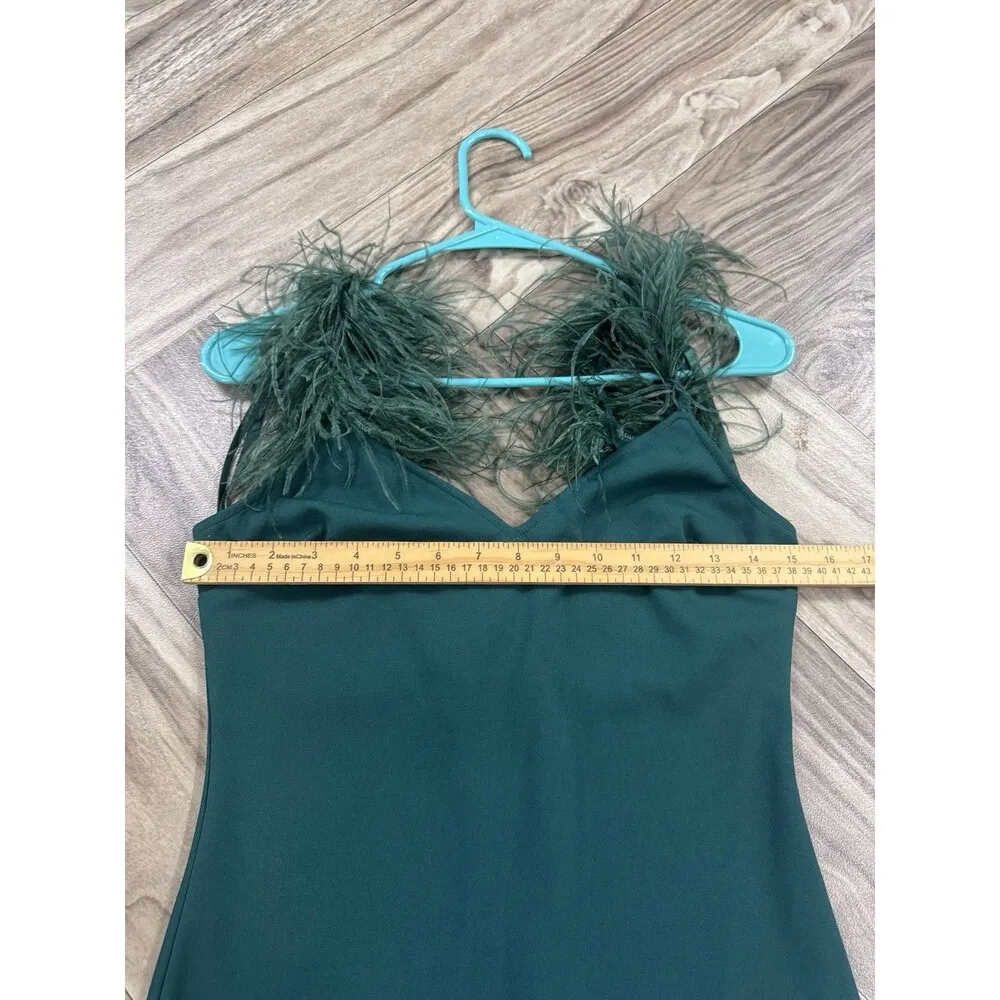 Juniors City Vibe V Neck Feather Trim Strap Cami Slip Mini Dress 7 Green - Image 3