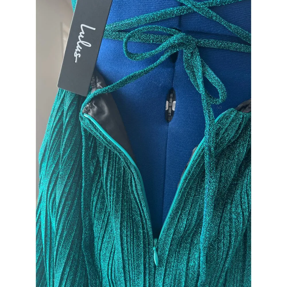 Lulus Party Era Emerald Sparkly Lace-Up Pleated Skater Dress Size XS 0 Cocktail - Image 8