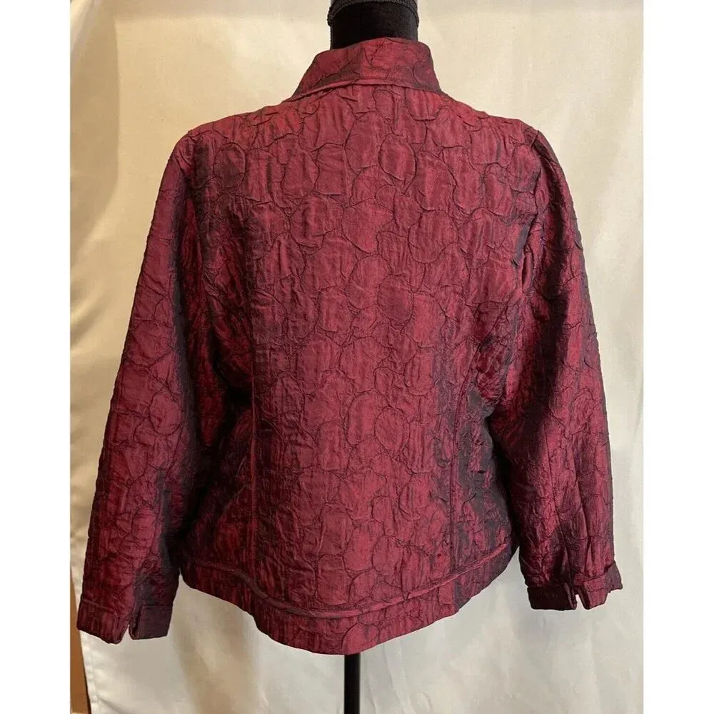 Chicos Women’s 1 US Medium 8 Burgundy Red Black Crinkle‎ Open Jacket Asian Style - Image 2