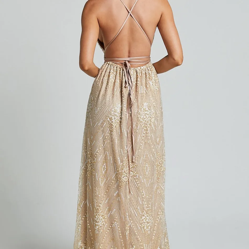 Showpo New York Nights Maxi Dress Sequin Plunge Cross Back Dress in Gold Size 2 - Image 2
