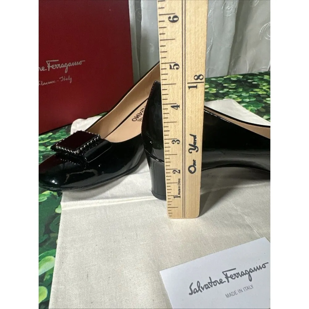 Salvatore Ferragamo Black Patent Leather Chunky Kitten Heels Pumps size 10 AA - Image 10