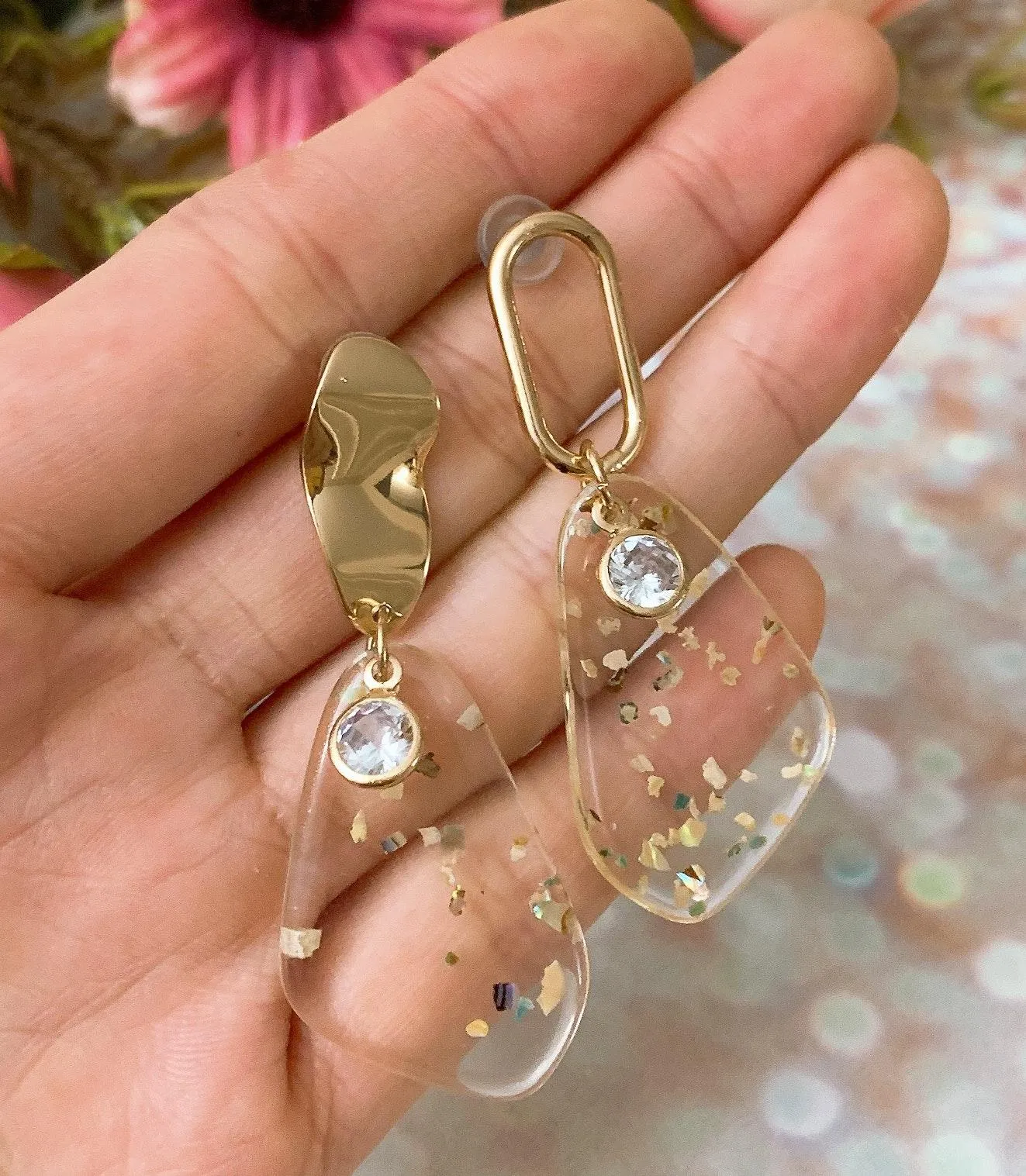 Gold Shell Bits Transparent Earrings - Image 3