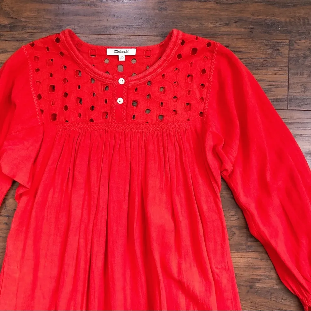 Madewell • Daybreak eyelet dress linen shift mini peasant boho Tropical Coral - Image 5