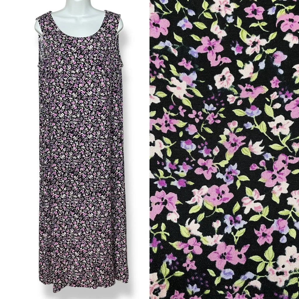 Vintage 90s Floral Dress Deadstock Black Purple Sleeveless Size Large Women Maxi - Image 2