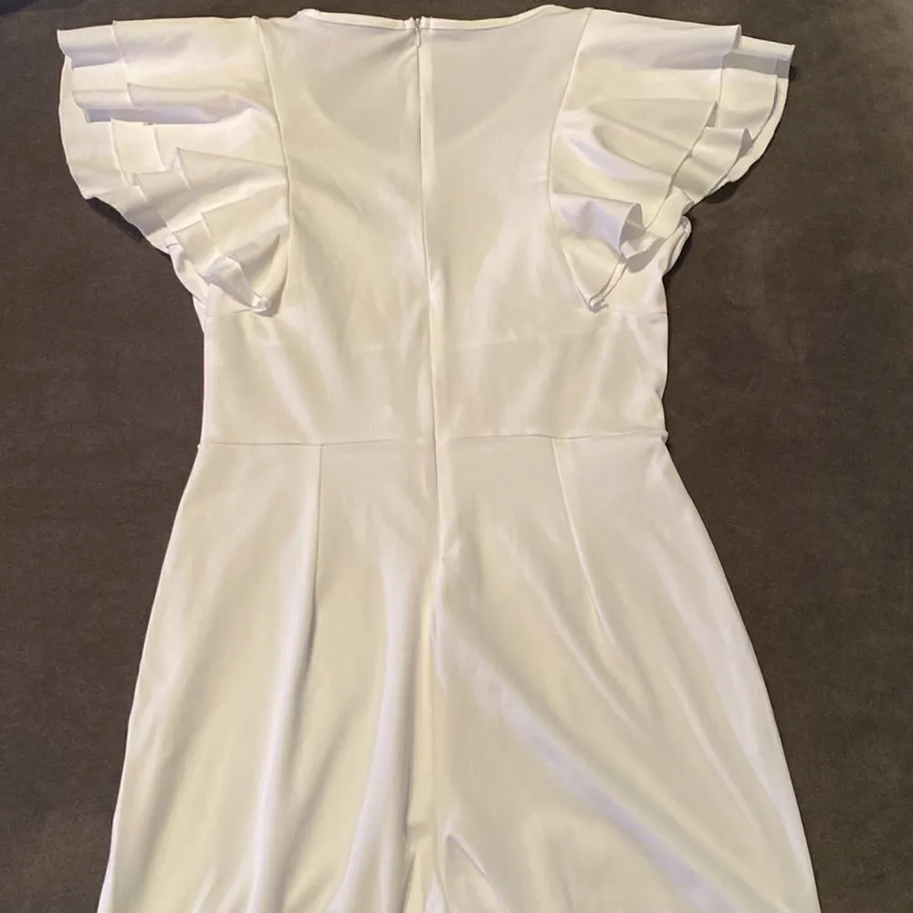 Women’s White Jumpsuit with Ruffles and Silver Waist Detail Size M **READ Size M - Image 7