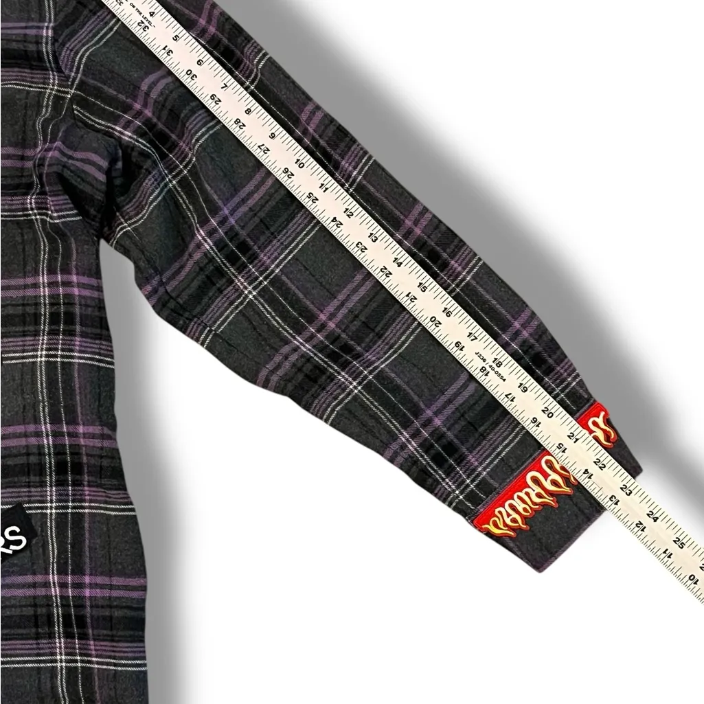 Plaid Flannel Grunge Rock Punk Dress Baggy Purple Black Large All Over Patches - Image 10