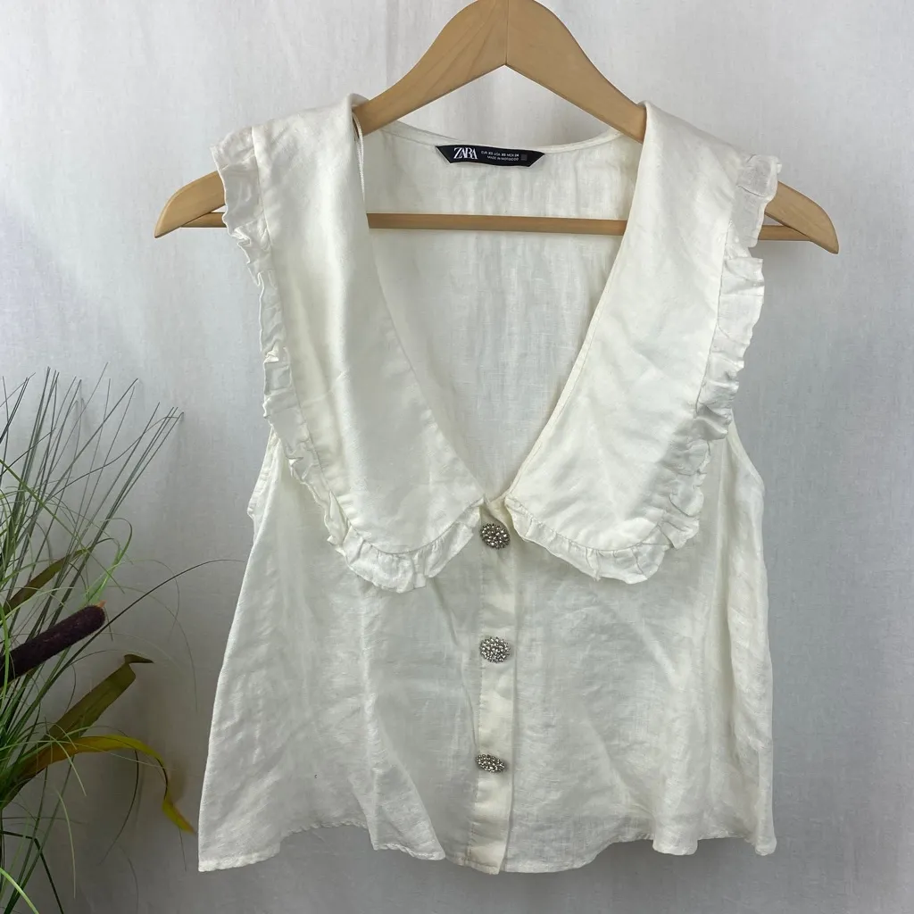 Zara 100% Linen Ivory Button Front Sleeveless Crop Top XS - Image 2