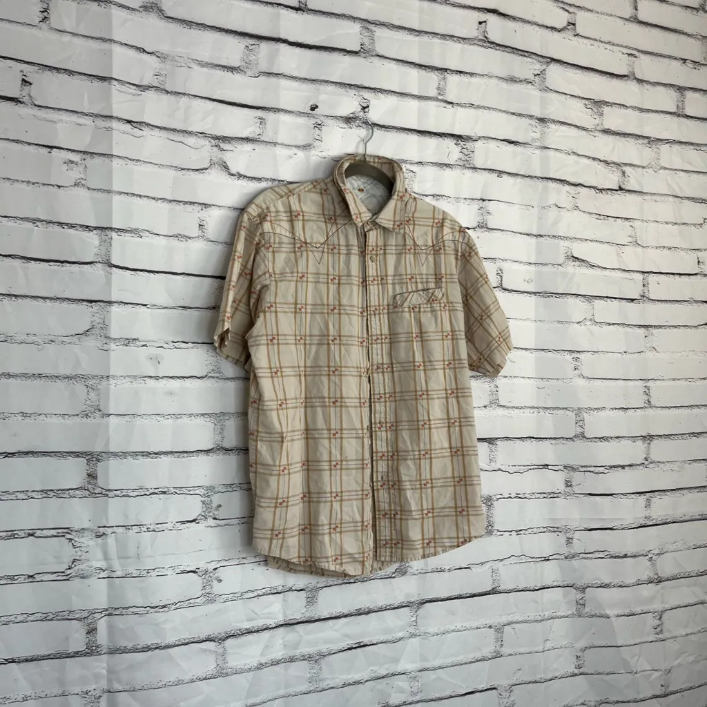 Split Women’s Checkered Button Down Shirt Plaid Short Sleeve Tan Red Casual L Orange Size L - Image 2