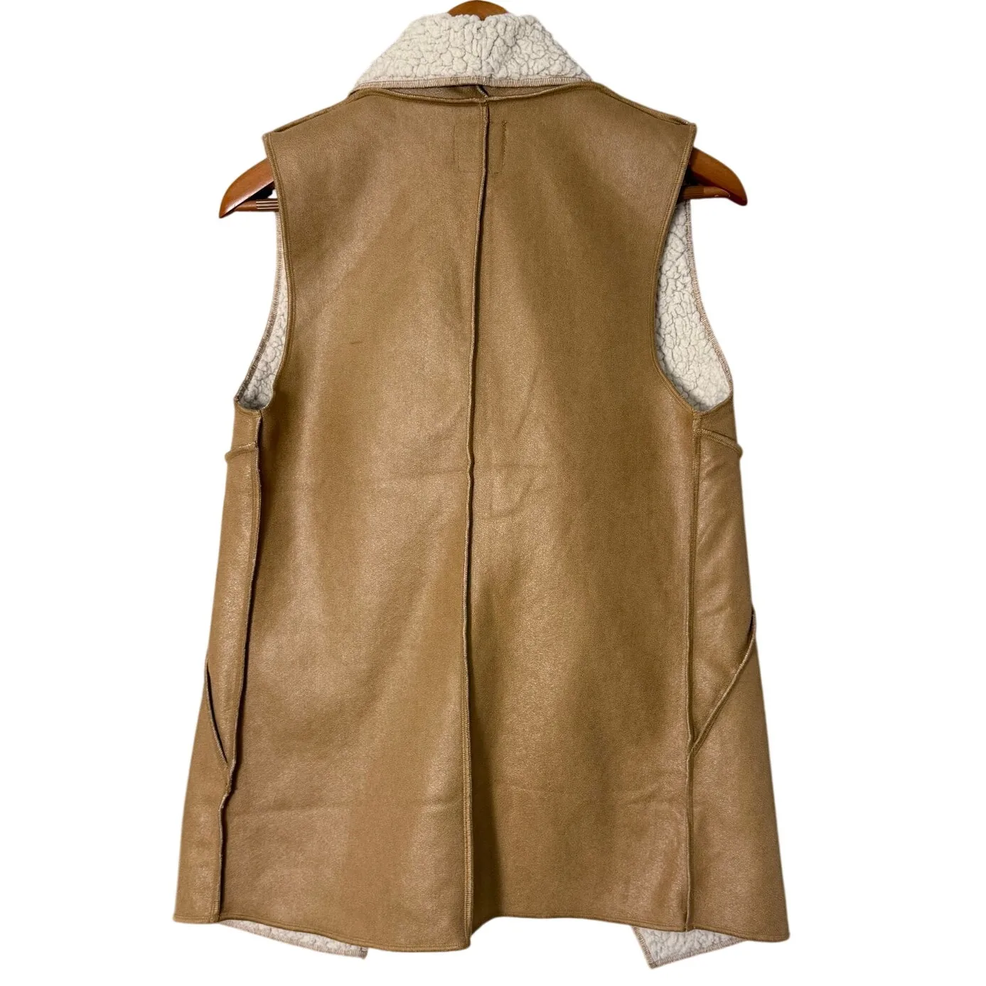 Wishful Thinking Faux Suede Sherpa Vest Shawl Collar Size Small Tan Cream - Image 2
