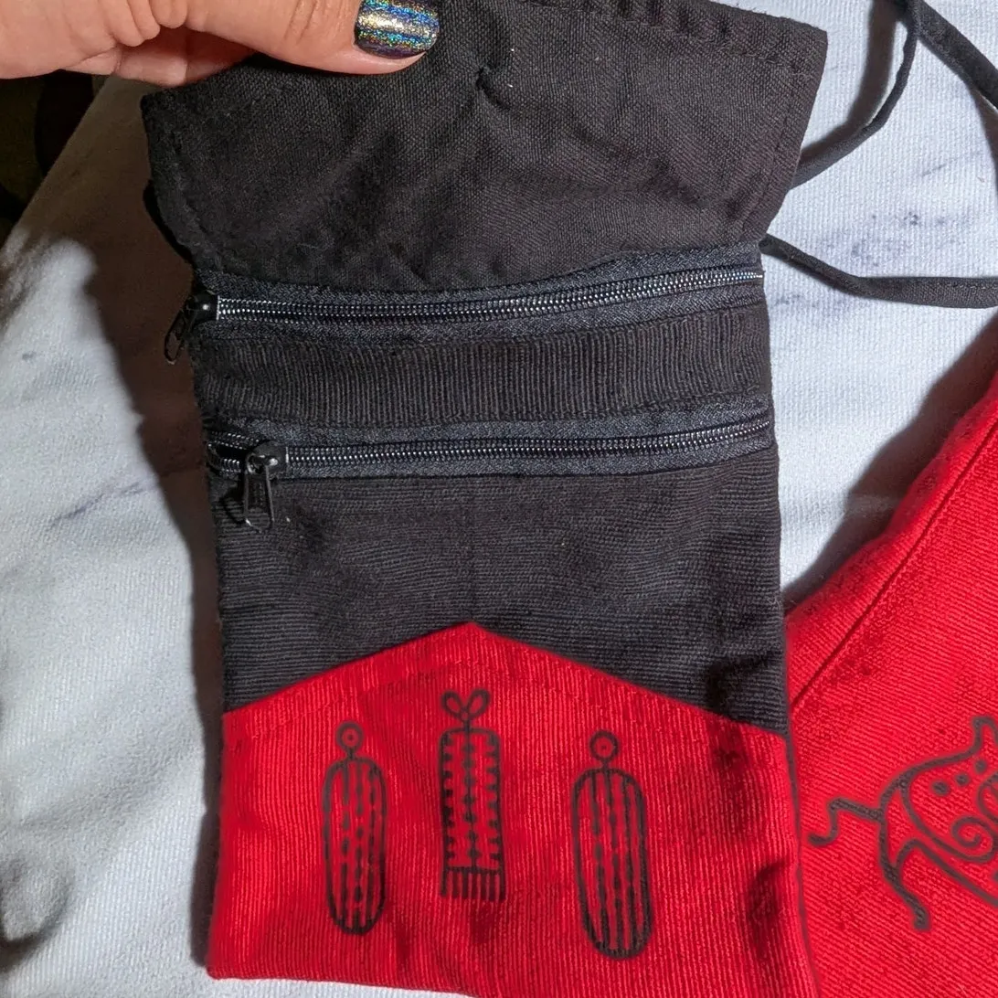 Vtg 1990s Venus Imports Red Black Primitive Tribal Cotton Open Vest and Bag Sz S - Image 5