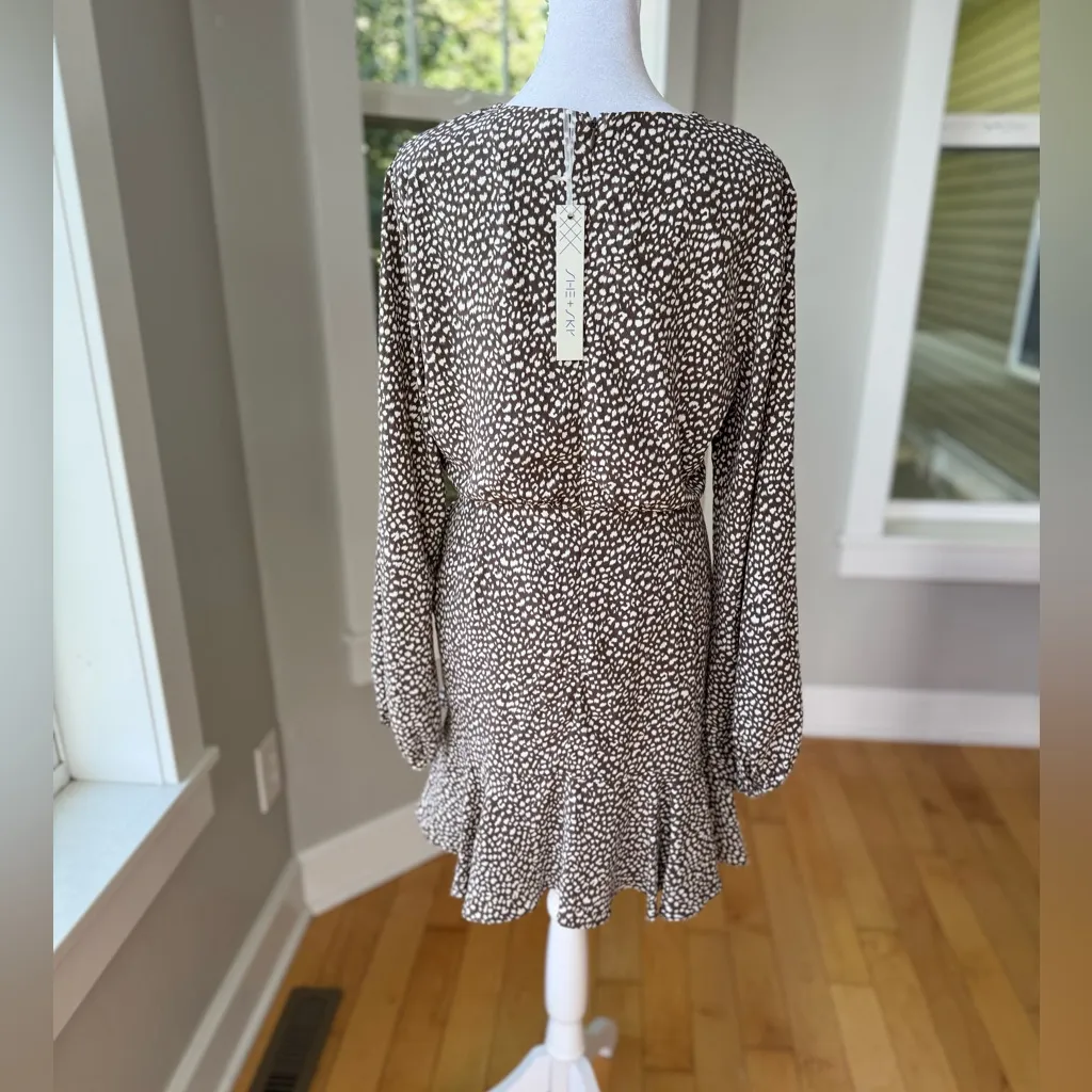 SHE + SKY Brown White Polka Dot Asymmetrical Faux Wrap Mini Dress Sz Small NWT - Image 10