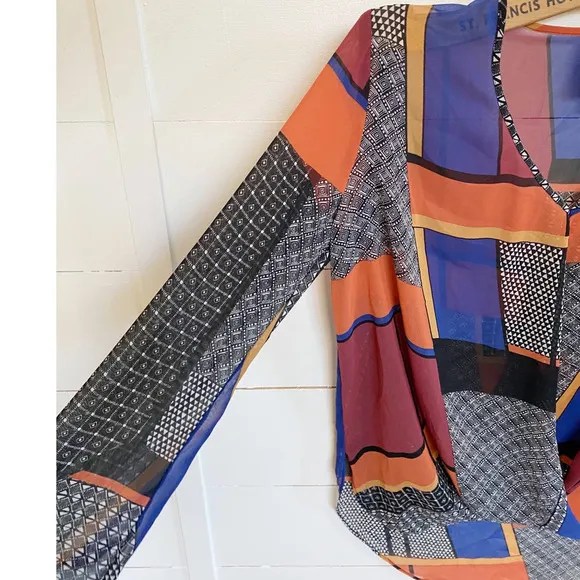 Bisou Bisou‎ Multicolored Block Print Faux Wrap Blouse - Image 6