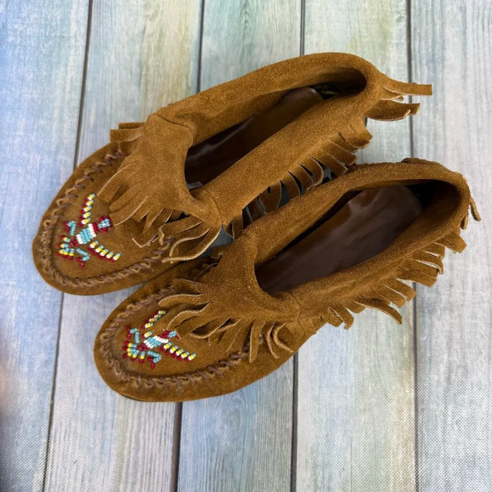 Minnetonka Brown Leather Moccasin Boots Thunderbird Beading Size 7 Vintage - Image 2