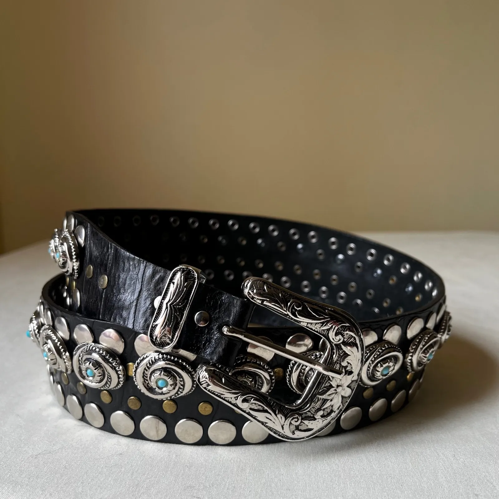 Vintage Nanni Italy Turquoise Concho Studded Leather Belt Black‎ Silver 95/38 Black - Image 9