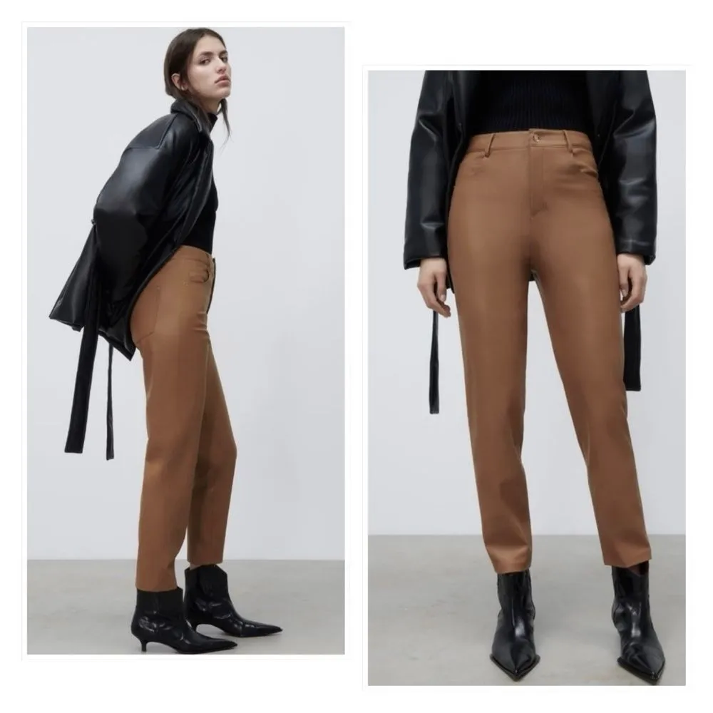 Zara High-Waisted Faux Leather Mom Fit Pants in Camel - Image 2