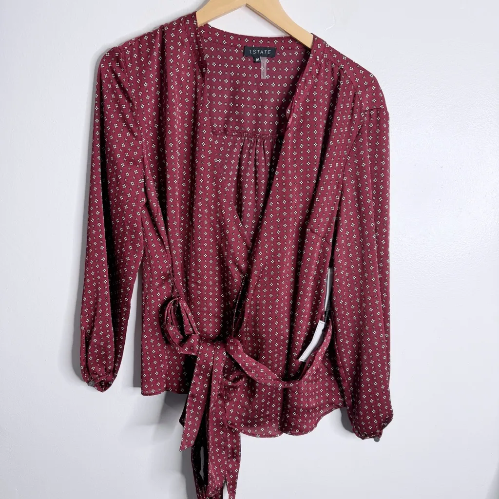 NWT 1. State Maroon Wrap Blouse Micro Ditsy Floral Medium Office Business Casual - Image 2