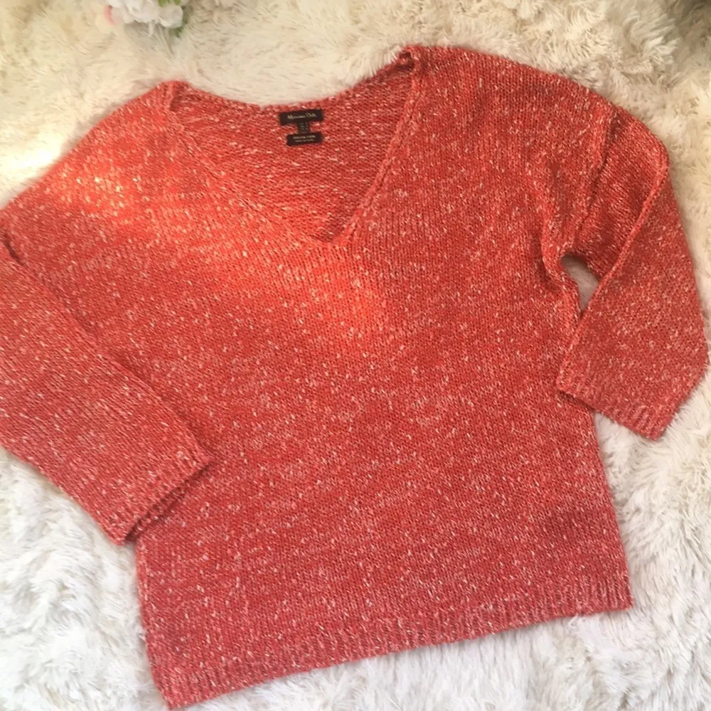 Massimo Dutti Women’s V neck Italian Yarn Sweater Casual Orange Gold Thread - Image 2