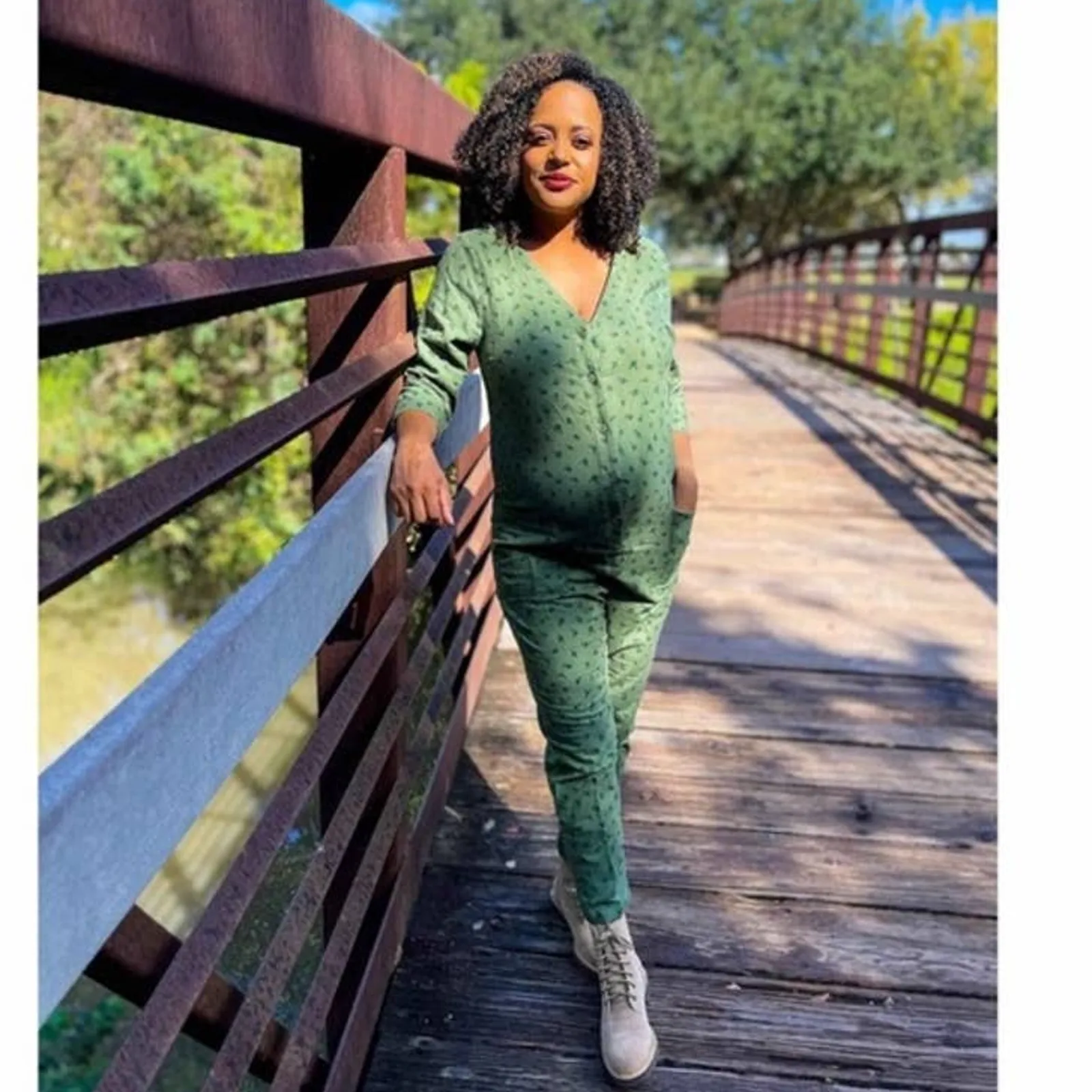 The Nines by HATCH Maternity 3/4 Sleeve Jumpsuit Floral Olive Green Small NEW - Image 10