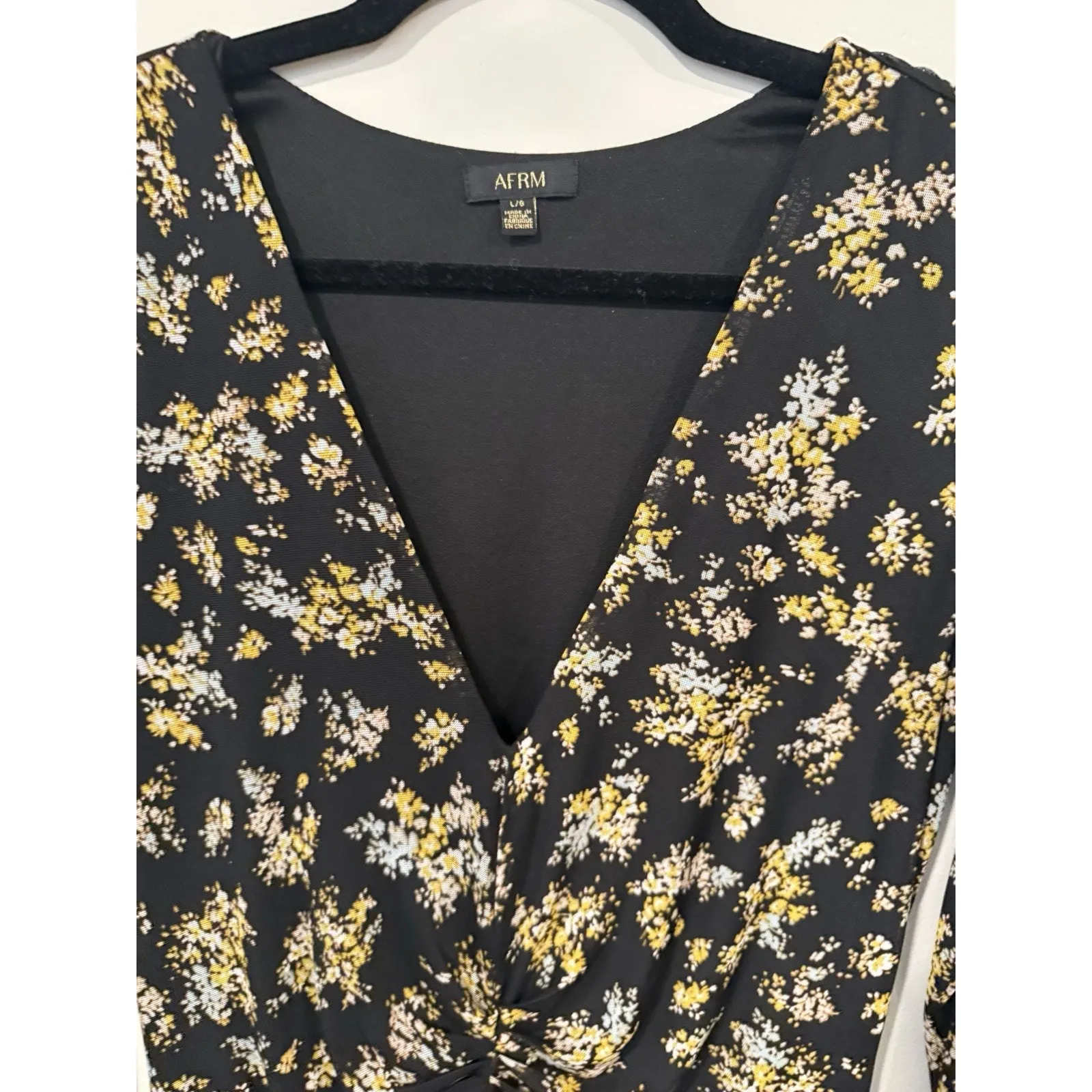 AFRM Tezza Black & Yellow Floral Ruched Mesh Midi Long Sleeves Dress Large 2475 - Image 3