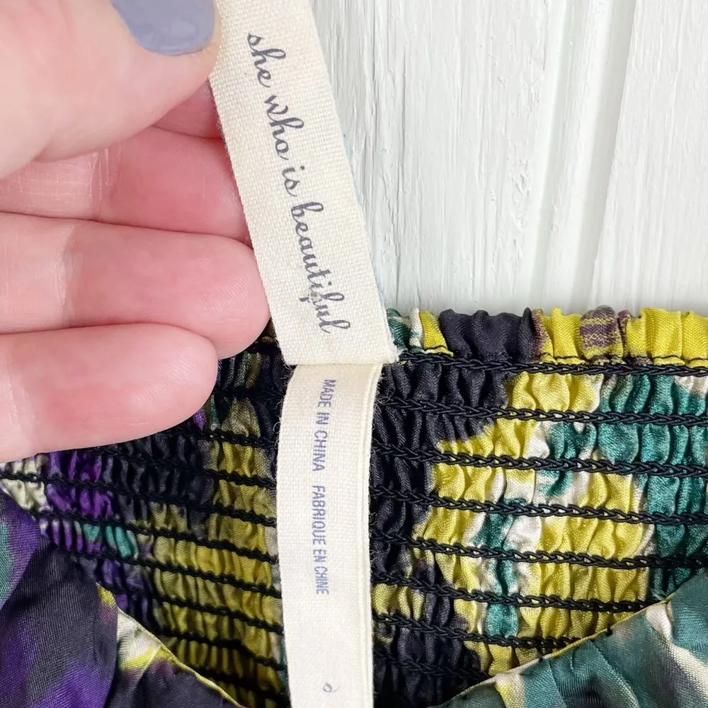 Anthropologie Maeve Giverny Silk Floral Purple Yellow Smocked Dress Size Small - Image 7