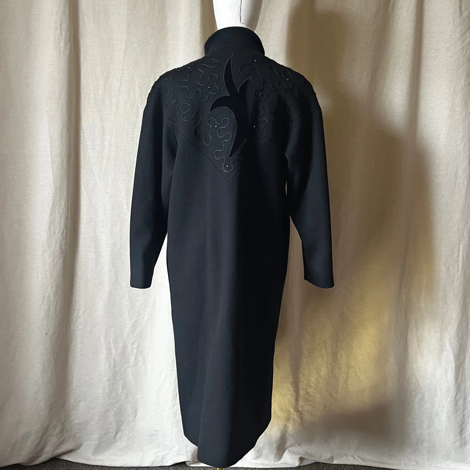 Vintage Luba Paris Black Virgin Wool Embroidered Long Coat Size M - Image 5
