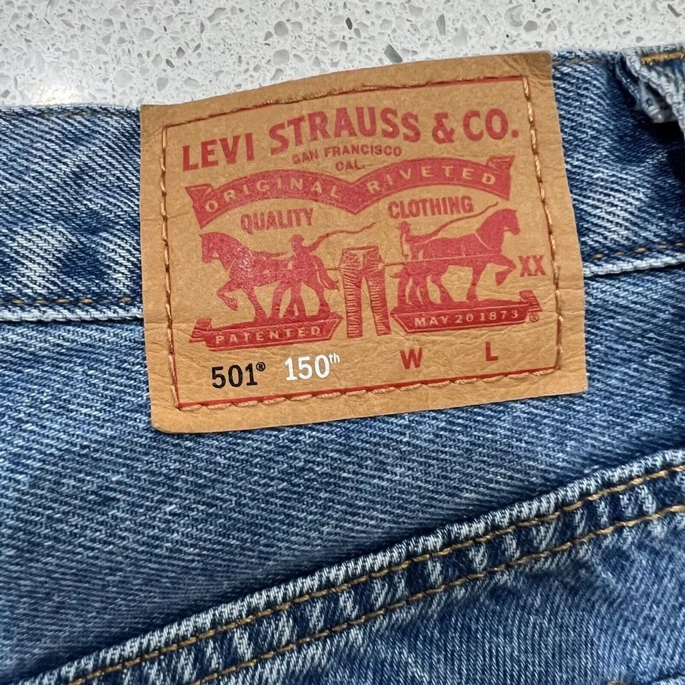 Levis Size 27 501 150 Pieced Shorts Original High Rise Denim Distressed Blue - Image 5