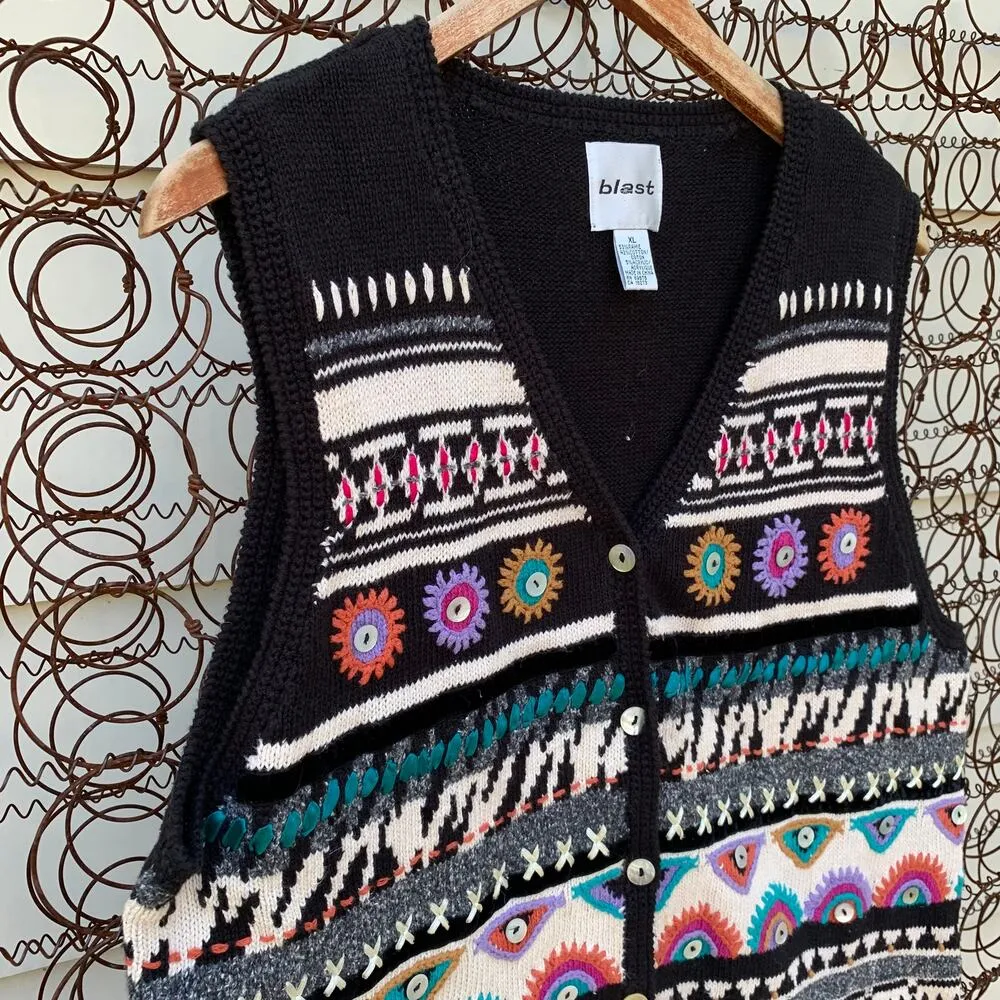 VTG 90s art deco sweater vest striped ribbon embroidery mother of pearl button Black Size XL - Image 6