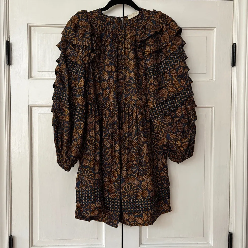 ULLA JOHNSON Emilia Mini Dress Floral Silk Size 0 Long Sleeve Hemlock Printed - Image 5