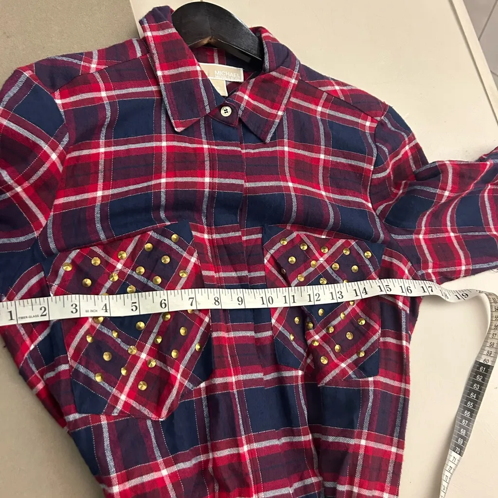 Michael Kors Navy and Red Plaid Shirt Dress with Studded Pockets-Small excellent - Image 11