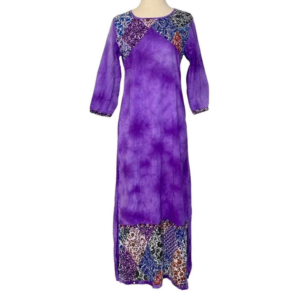 Vintage Shop Therapy Lagenlook Boho Floral Paisley Jeweled Kaftan Slit Dress S/M Purple - Image 2