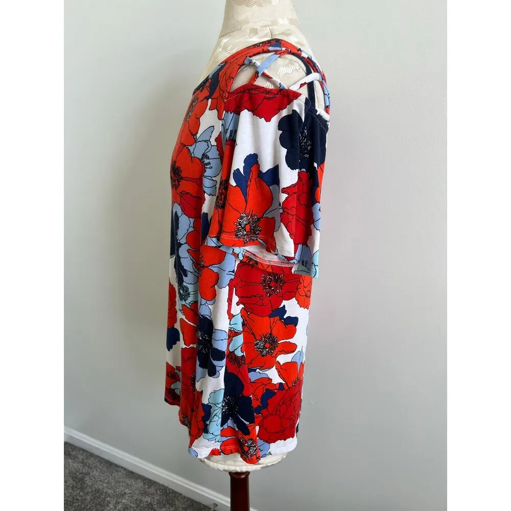 Westport Floral Cut Out Shoulder Short Sleeve Lightweight Blouse Large - Image 3