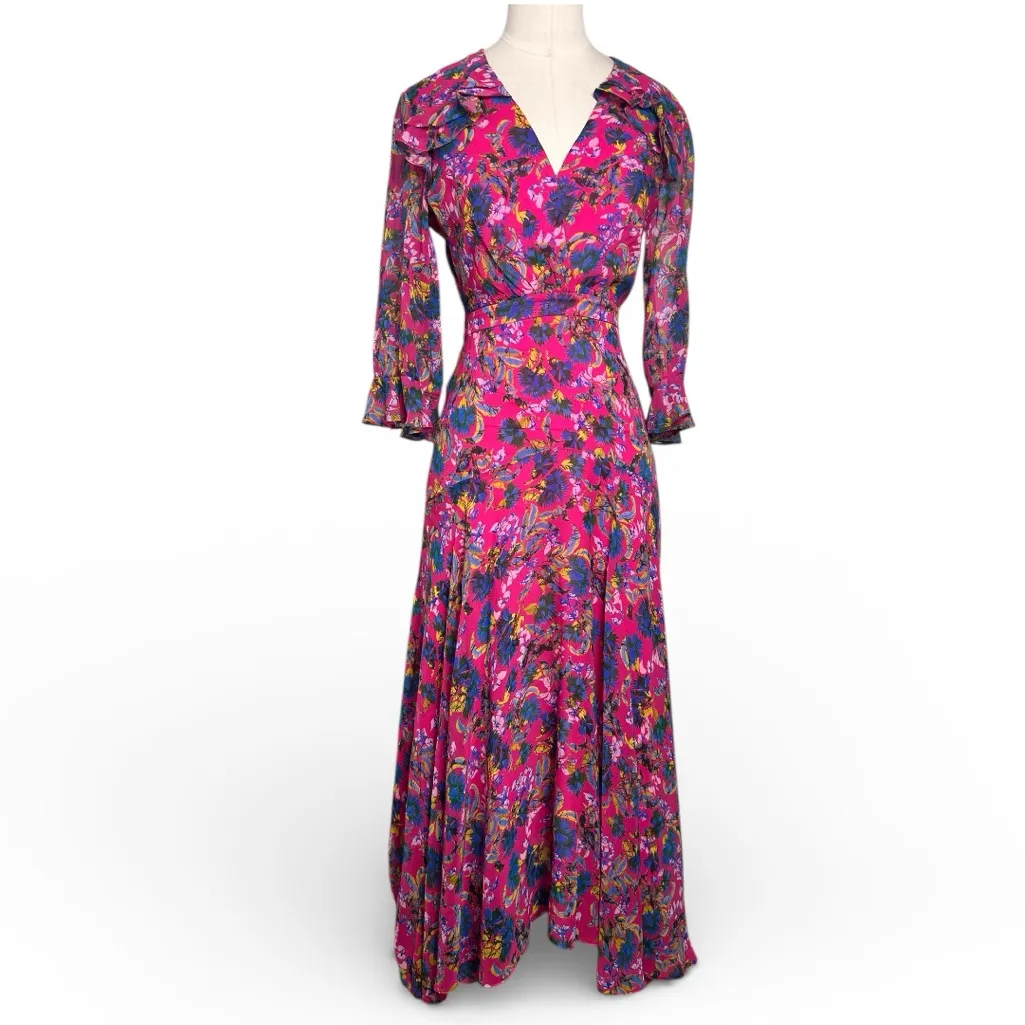 SALONI Edith Floral Silk Midi Dress Pink Size 0 - Image 3