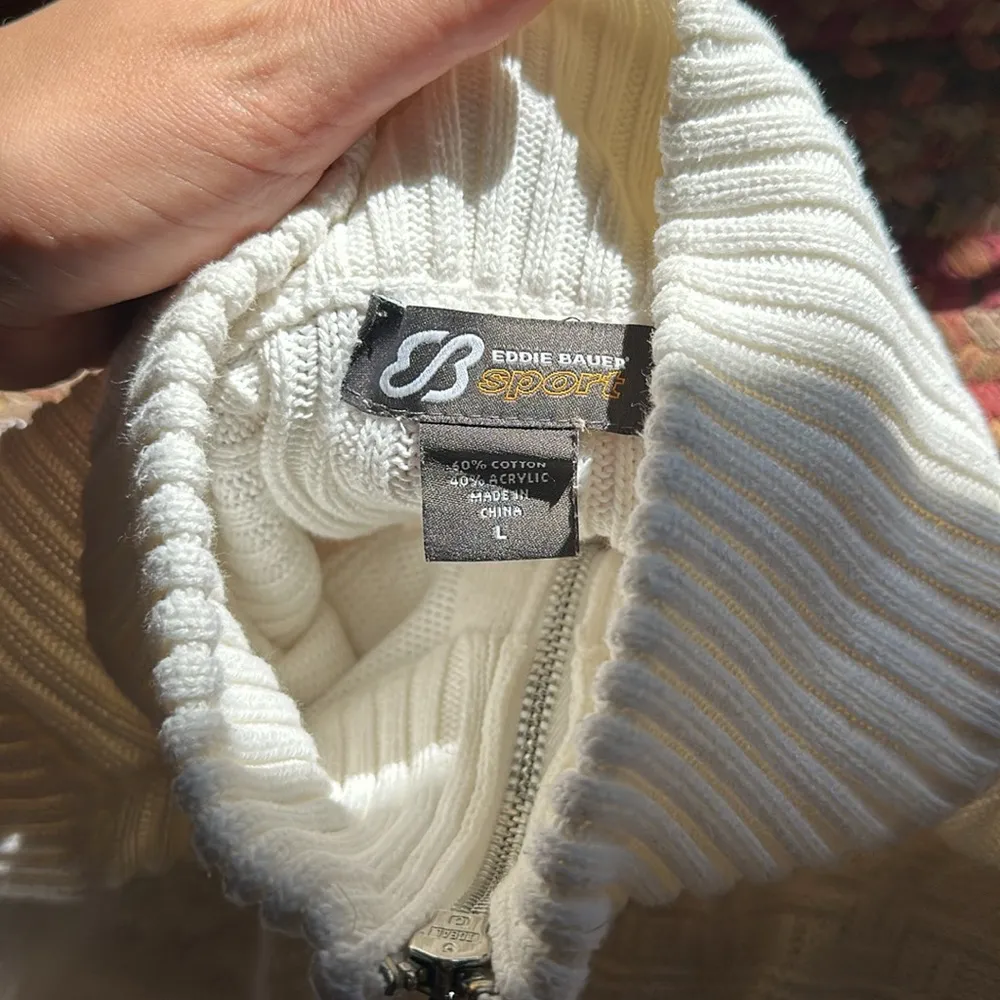 VINTAGE EDDIE BAUER SPORT WHITE KNIT RIBBED ZIP UP SWEATER APRES SKI Size L - Image 4